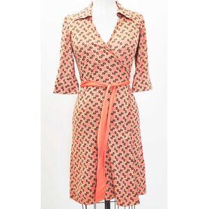 Herion Womens Cotton Wrap Dress Orange Geo Print Cotton 3/4 Sleeves 40 Italy
